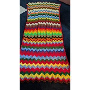 BB Vtg  Handmade Afghan 70s zig Zagbright colors throw blan 48 x 100" grannycore